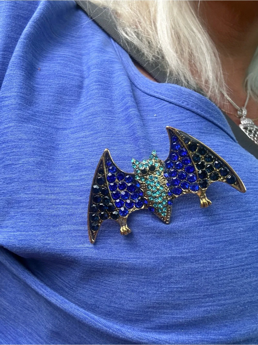 Crystal Bat Brooch in Blue and Teal